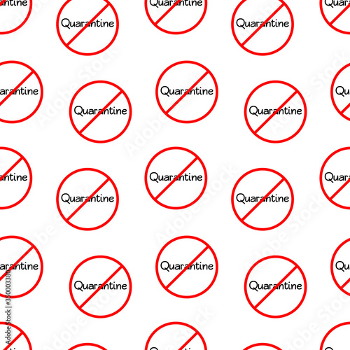 Seamless pattern with red prohibition sign with stop quarantine and covid-19 outbreack. Vector illustration in cartoon style. Concept of reopening business. End of isolation and coronavirus pandemic.