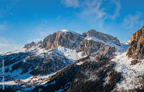 Passo Gardena, Italy - january 2020: mountain near ski-lift Dantercepies in sunny winter day