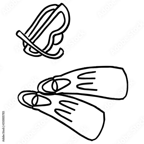 Outline swim mask on white isolated backdrop. Linear flippers for invitation or gift card, diving shop or club logo, bath tile. Phone case or cloth print art. Doodle style stock vector illustration