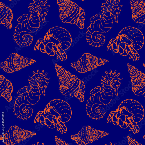 Hermit crab on navy blue backdrop. Seahorse seamless pattern for wallpaper, wrap paper, sleeper, bath tile, apparel or bed linen. Phone case or cloth print. Doodle style stock vector illustration