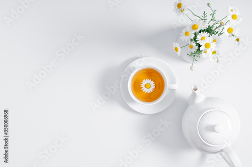 White chamomiles and teapot on white background. Herbal tea of chamomile flower. Chamomile tea concept. Flat lay, top view, copy space