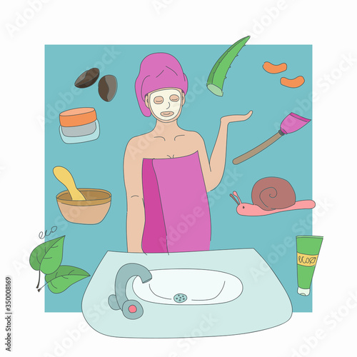 Woman and skin care. The concept of natural cosmetics, making cream at home, face mask, aloe, coffee scrub, snail. Vector illustration of a woman in a towel and on her head.