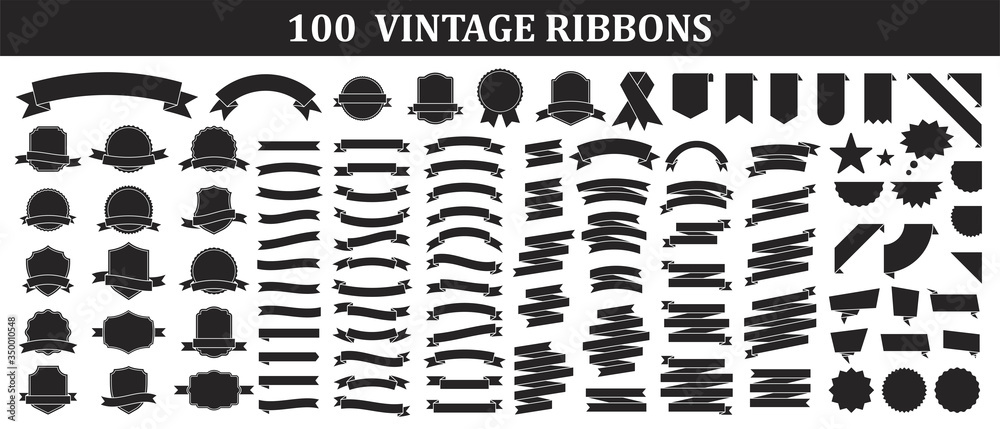 Set of 100 Ribbons. Ribbon elements. Starburst label. Vintage. Modern simple ribbons collection. Vector illustration.