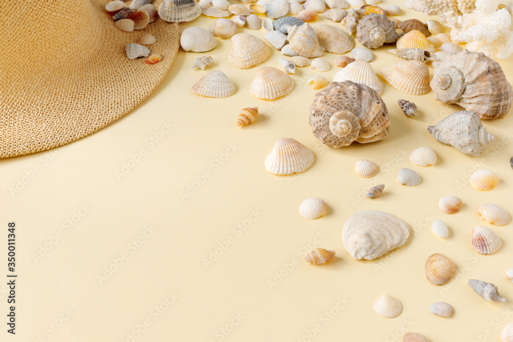 Beautiful straw hat with shells on the ocean coast. Nature summer background.