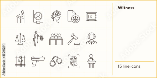 Witness line icon set. Scale, jury bench, judge, court. Justice concept. Can be used for topics like crime, trial, legal procedure