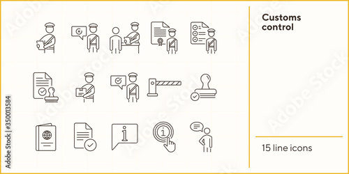 Customs control icons. Set of line icons. Faqs, passport, customs check, customs inspection. Immigration concept. Vector illustration can be used for topics like security, travel, airport