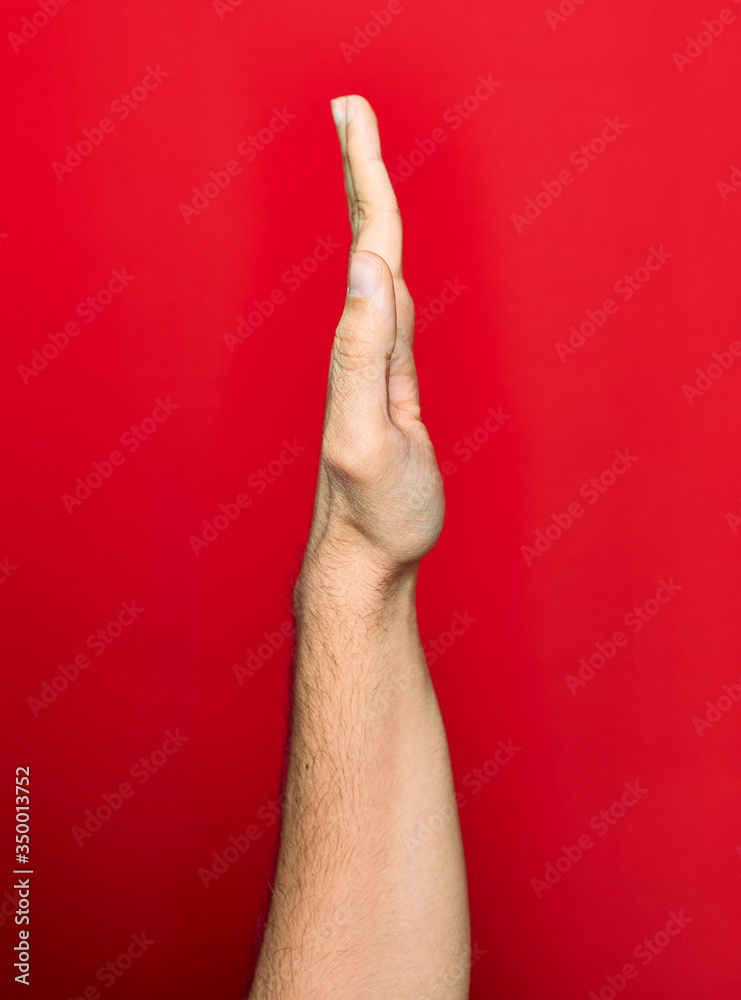 Beautiful hand of man showing five fingers raised up on profile view over isolated red background Beautiful hand of man showing five fingers raised up on profile view over isolated red background
