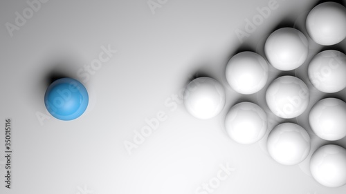 Fototapeta Naklejka Na Ścianę i Meble -  Abstract white background with a set of white spheres and a single blue one- 3D rendering illustration