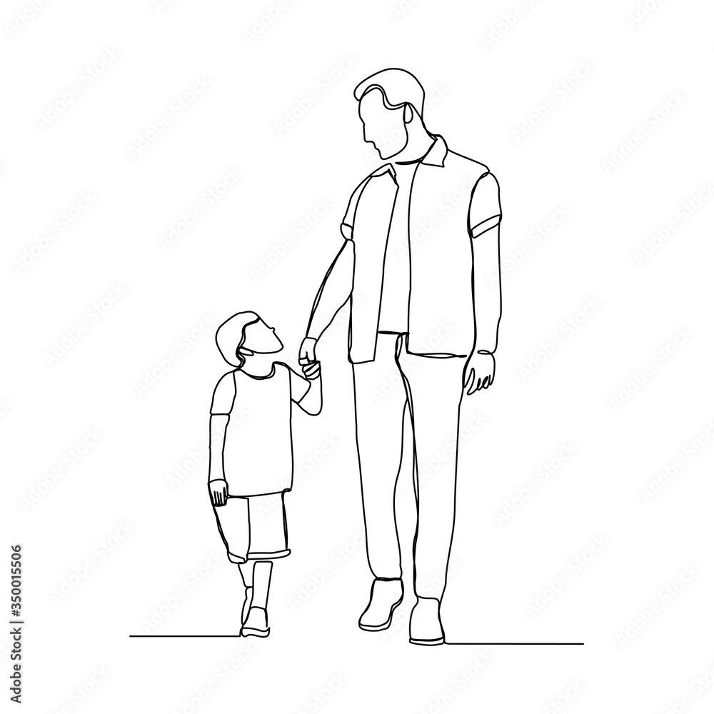 Continuous line drawing of happy family dad, and child walking togother. Vector illustration Continuous line drawing of happy family dad, and child walking togother. Vector illustration