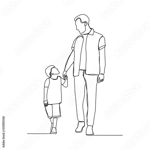 Continuous line drawing of happy family dad  and child walking togother. Vector illustration