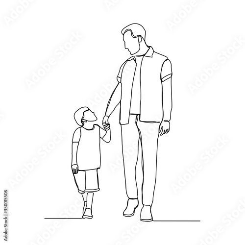 Continuous line drawing of happy family dad, and child walking togother. Vector illustration