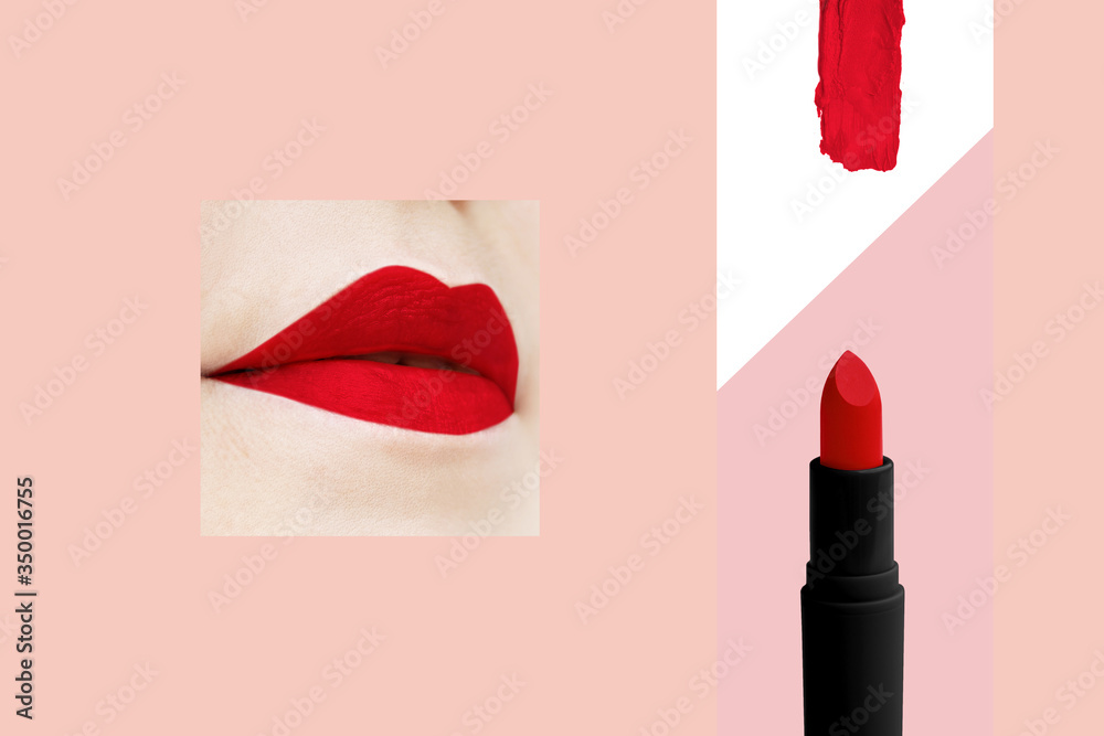 Obraz premium one pencil of red lipstick on a white background, female lips with make-up, smeared bright sample, makeup selection concept, natural cosmetics