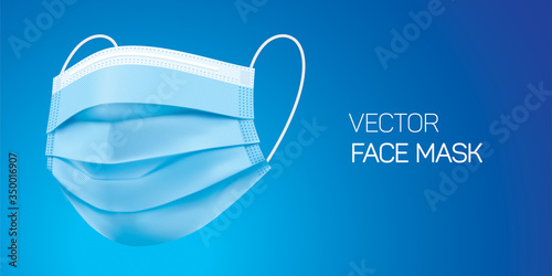 Surgical blue face mask, vector illustration. Virus protection medical mask, isolated on blue gradient background in a side view. Disease protective disposable mask with elastic ear loop band.