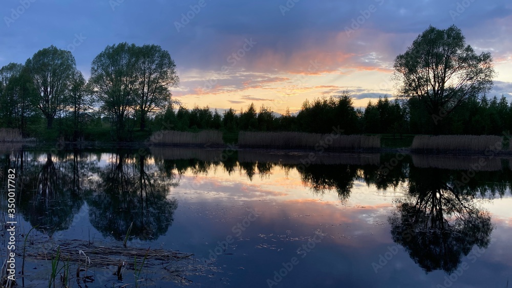 sunset on a summer evening on the pond