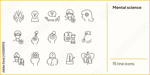 Mental science line icon set. Patient, psychologist, brain work. Psychology concept. Can be used for topics like psychoanalysis, mental activity, family therapy
