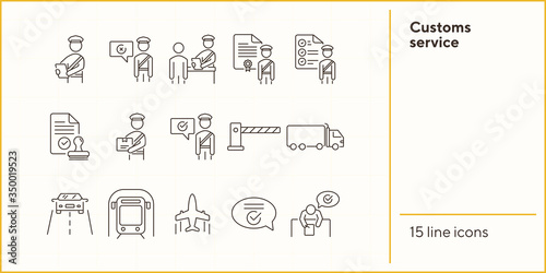 Customs service icons. Set of line icons. Check of package, truck, airplane, train. Logistics concept. Vector illustration can be used for topics like shipment, transportation, delivery