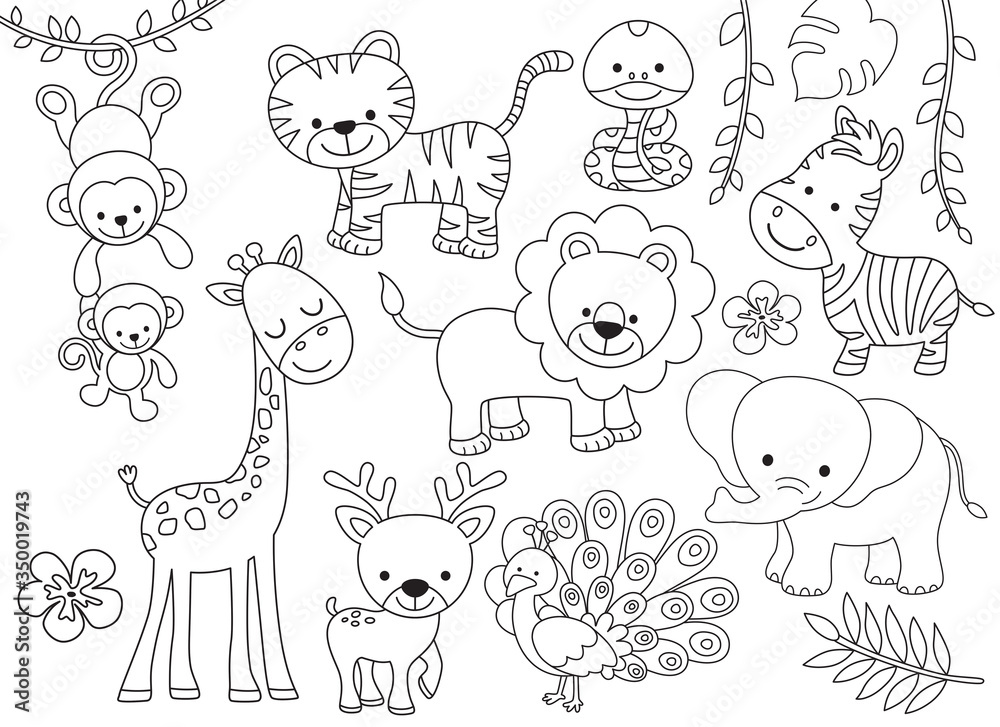 Outline wild safari animals vector illustration for coloring. Jungle animals line art including monkey, tiger, zebra, giraffe, lion, elephant, snake, deer and peacock.