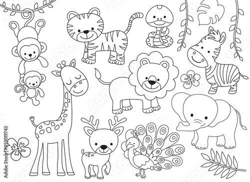 Outline wild safari animals vector illustration for coloring. Jungle animals line art including monkey  tiger  zebra  giraffe  lion  elephant  snake  deer and peacock.