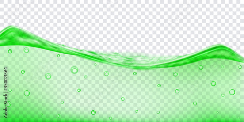 Translucent water wave in green colors with air bubbles, isolated on transparent background. Transparency only in vector file