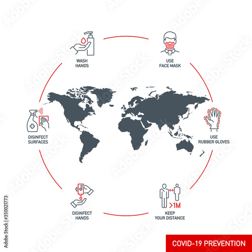 Prevention line icons set with planet map isolated on white. outline symbols prevention tips Coronavirus Covid 19 pandemic banner. Quality elements tips preventive treatment and healthcare line icon