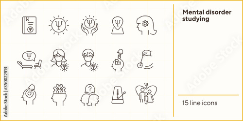 Mental disorder studying line icon set. Psychologist, hypnosis, metronome. Psychology concept. Can be used for topics like behavioral therapy, mental science, research