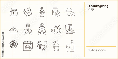 Thanksgiving day line icon set with pumpkin pie and turkey cock. Sunflower, gumboots, maple syrup. Thanksgiving concept. Can be used for topics like autumn, holiday, dinner, harvest