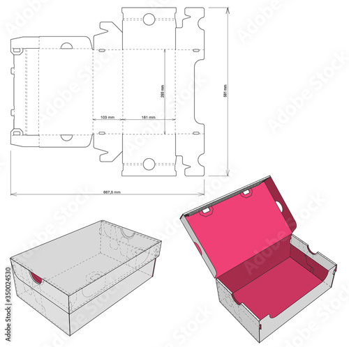 Shoes Cardboard Box and Die-cut Pattern. The .eps file is full scale and fully functional. Prepared for real cardboard production.