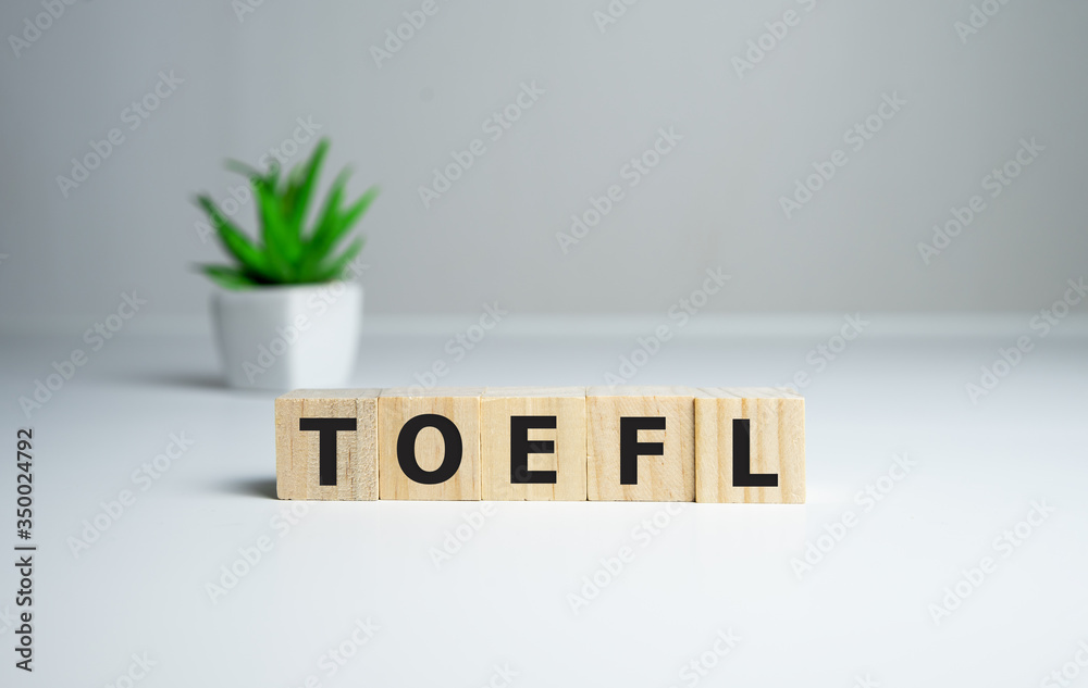 Toefl words from wooden blocks with letters the test of english as a