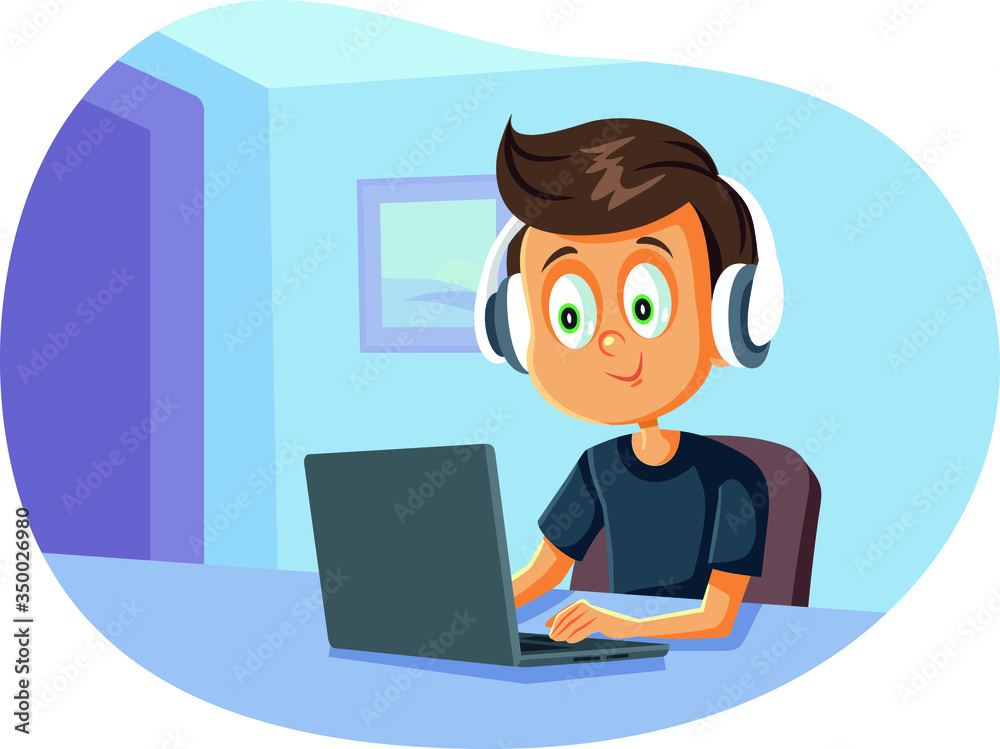 Cartoon Boy Wearing Headphones Using Laptop Cartoon Boy Wearing Headphones Using Laptop