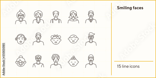 Smiling faces icons. Set of line icons on white background. Senior woman, baby, balding man. People concept. Vector illustration can be used for topics like application, lifestyle, family