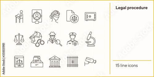 Legal procedure line icon set. Lawyer, attorney, detective, courthouse. Justice concept. Can be used for topics like trial, court, prison, investigation