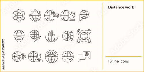 Distance work line icon set. World, professional, team, payment. Business concept. Can be used for topics like worldwide business, networking freelance