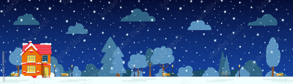Winter night street with house, snow tree, bush, cloud, lantern flat cartoon congratulation card. Merry Christmas and Happy New Year holiday panoramic horizontal banner. Decorative vector illustration