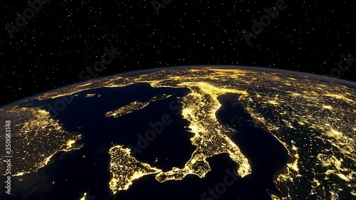 realistic night Italy from space, Venice from space, night Sicily from space, central Europe at night, night Rome from satellite 3D render