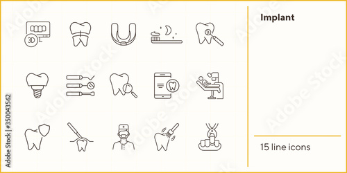 Implant icons. Set of line icons. Pain, tooth, operating room. Medicine concept. Vector illustration can be used for topics like stomatology, treatment, surgery