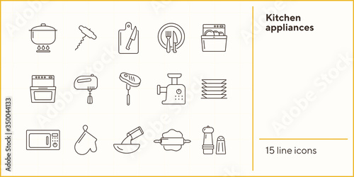 Kitchen appliances icons. Set of line icons. Mincing machine, mixer, rolling pin. Culinary concept. Vector illustration can be used for topics like restaurant business, cooking