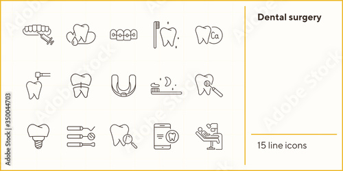 Dental surgery icons. Set of line icons. Dentist, tooth, pain. Medicine concept. Vector illustration can be used for topics like stomatology, treatment, patient