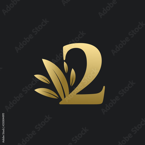 Golden Number Two logo with gold leaves. Natural number 2 logo with gold leaf.