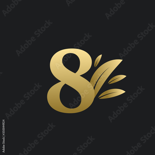 Golden Number Eight logo with gold leaves. Natural number 8 logo with gold leaf.