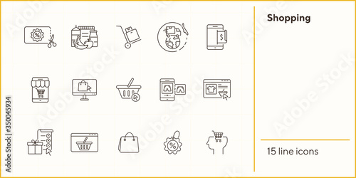 Shopping line icon set. Buying food, discount coupon, goods delivery. Ecommerce concept. Can be used for topics like supermarket, online store, ordering