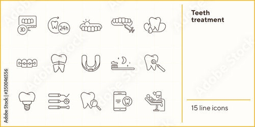 Teeth treatment line icon set. Dentist tools, injection, braces. Dental care concept. Can be used for topics like denture, dentistry, stomatology