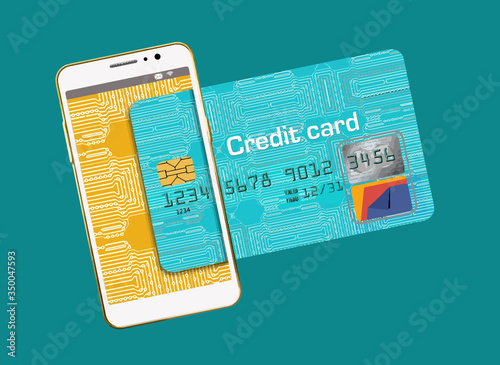 Here is a generic, mock (safe to publish)  credit card combined with a cell phone to illustrate the relationship between the two, such as tap to pay and other functions.