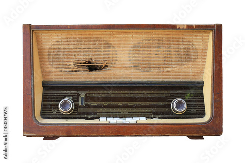Antique old brown radio isolated on white background