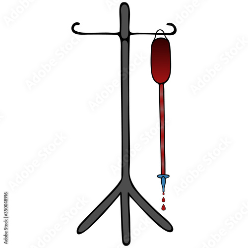 A dropper with blood and a stand for it. An intravenous infusion that improves the general condition of a person. Color vector illustration. Isolated white background. Infusion therapy. Medical topics