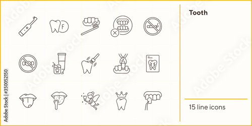 Tooth line icon set. Extraction, no smoking, brush, toothpaste. Dental care concept. Can be used for topics like dentist, pediatric dentistry, health care