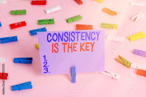 Handwriting text writing Consistency Is The Key. Conceptual photo by Breaking Bad Habits and Forming Good Ones Colored clothespin papers empty reminder pink floor background office pin photo