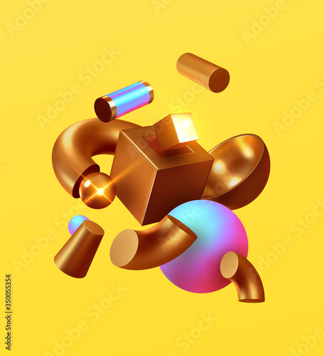 Modern minimal design with realistic 3d render objects. Abstract background. Art trend poster. Creative composition levitation of different forms of elements. Vector illustration