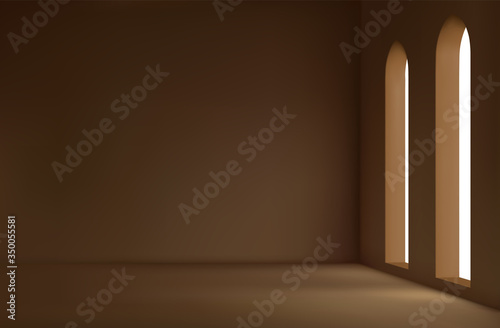 Realistic room with large windows and sunlight. Minimal composition 3d rendering. Background empty spacious room, hall, no people. Vector illustration
