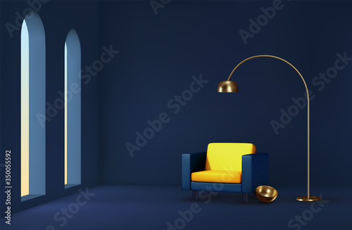 Interior design living room. Realistic room with large windows and sunlight. Armchair yellow blue fabric. Minimal composition 3d rendering. background comfortable resting place. Vector illustration