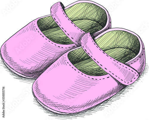 Vector hand drawn baby girl pram shoes. Design element for baby shower invitations, birthday card or baptism ceremony.